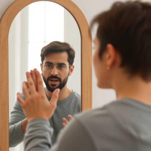 Imagen del curso 'Dicción y Pronunciación' mostrando a una persona practicando ejercicios de vocalización frente a un espejo, mejorando su claridad y fluidez al hablar.