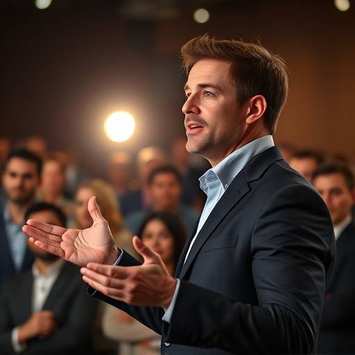Imagen del curso 'Oratoria Persuasiva' mostrando a un orador influyendo en su audiencia con gestos y palabras convincentes.
