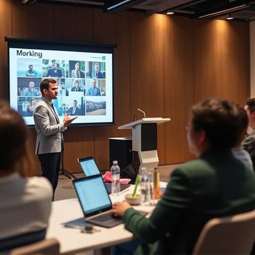 Imagen del curso 'Presentaciones Efectivas' mostrando a un presentador interactuando con una audiencia atenta y utilizando diapositivas visualmente atractivas.