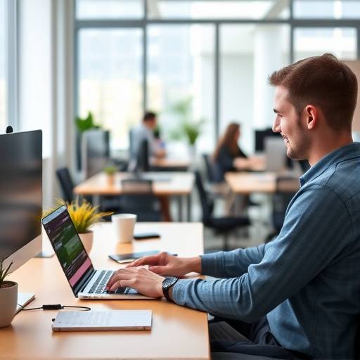 Imagen que ilustra el uso responsable de la tecnología, con una persona utilizando una laptop en un entorno de trabajo colaborativo.