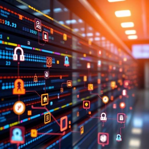 Representación visual de la recopilación de datos, mostrando iconos de información fluyendo hacia una base de datos segura.