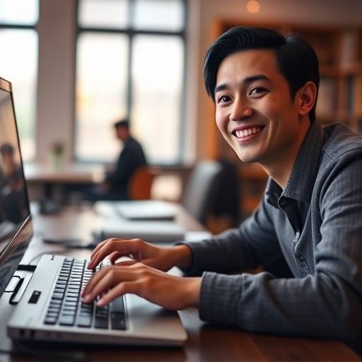 Una persona escribiendo en un teclado con una sonrisa, representando el contacto con la academia Voz Clara